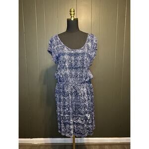 Lucky Brand‎ Blue Geometric Tile Print Drawstring Waist Dress L Large